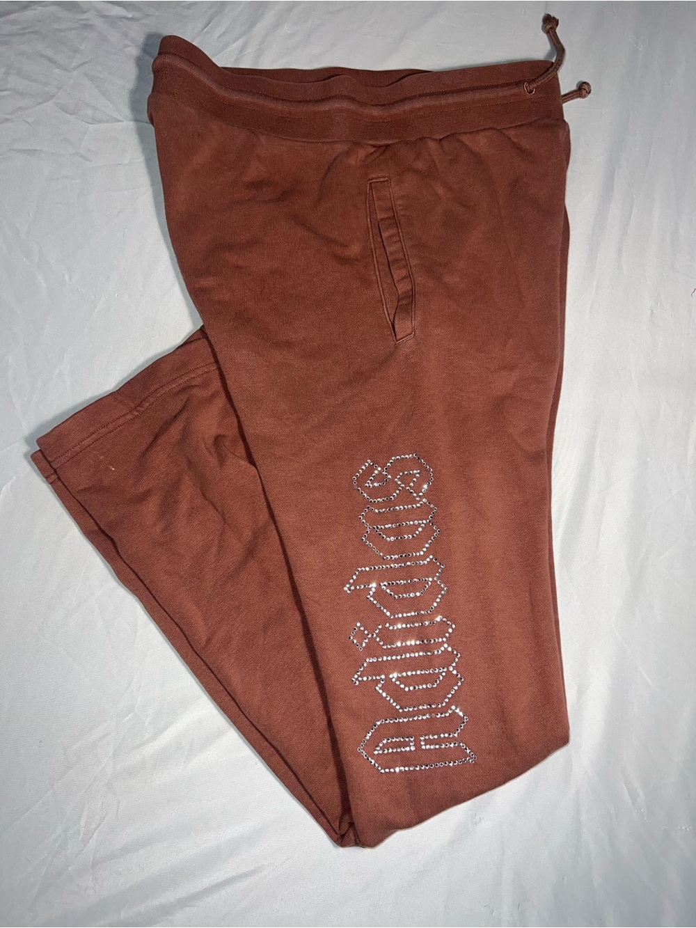 Embellished Brown Sweatpants with Rhinestone Script Adidas